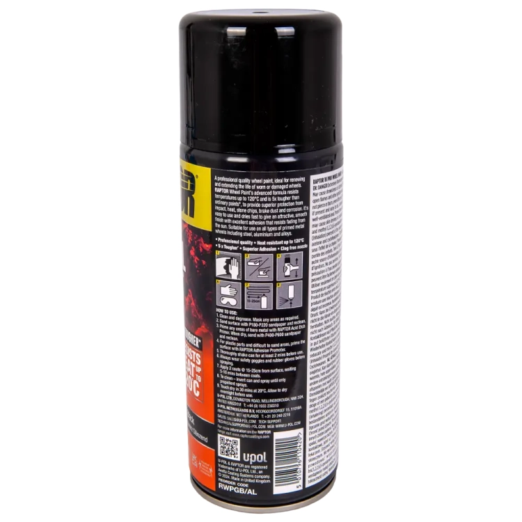 Lakier do felg czarny połysk spray 378 ml odporny na temperaturę do 120°C RAPTOR Wheel Paint U-POL RWPGB/AL