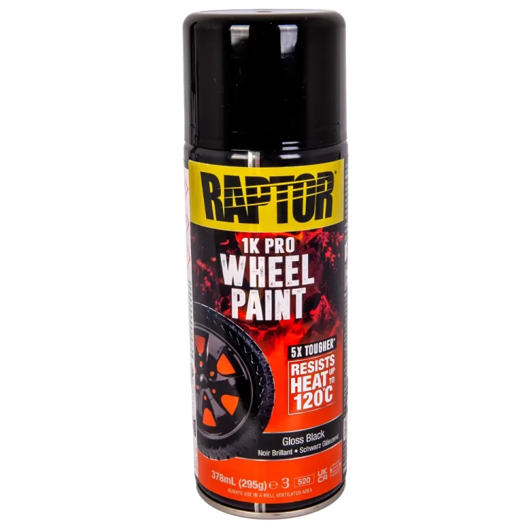 Lakier do felg czarny połysk spray 378 ml odporny na temperaturę do 120°C RAPTOR Wheel Paint U-POL RWPGB/AL