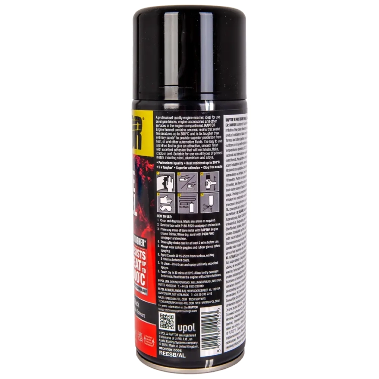 Lakier do silnika czarny satynowy spray 364 ml odporny na temperaturę do 300°C RAPTOR Engine Enamel U-POL REESB/AL