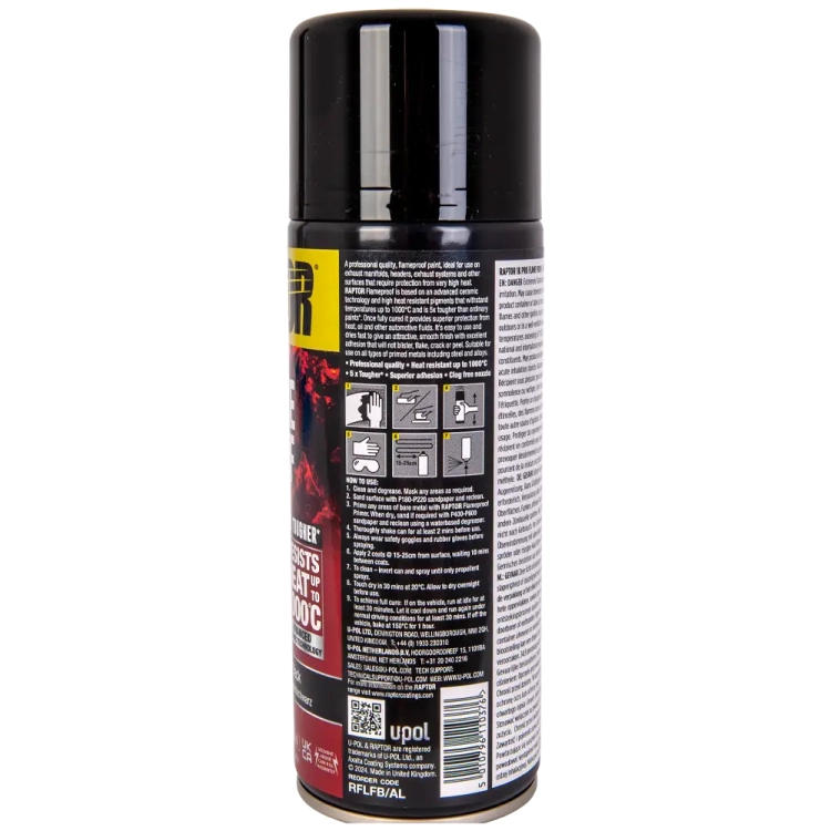 Lakier do układów wydechowych czarny mat spray 338 ml odporny na temperaturę do 1000°C RAPTOR Flame Proof U-POL RFLFB/AL