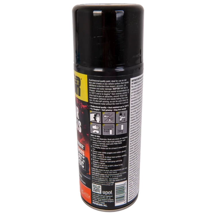 Lakier do orurowania i podwozi czarny satynowy spray 366 ml odporny na temperaturę do 120°C RAPTOR Roll Bar & Chassis U-POL RRBSB/AL