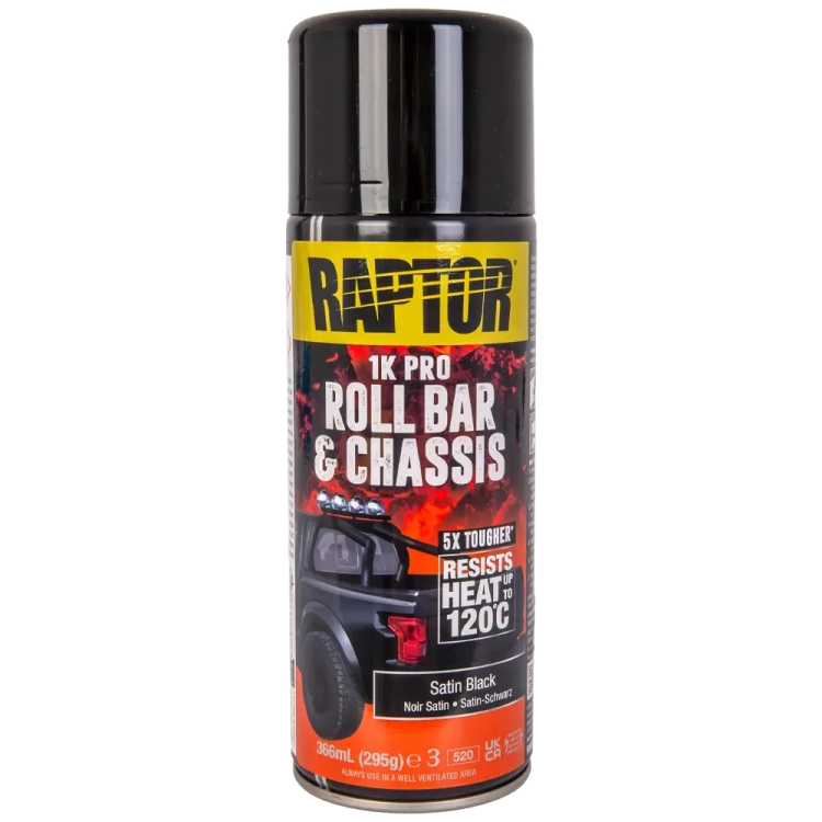 Lakier do orurowania i podwozi czarny satynowy spray 366 ml odporny na temperaturę do 120°C RAPTOR Roll Bar & Chassis U-POL RRBSB/AL