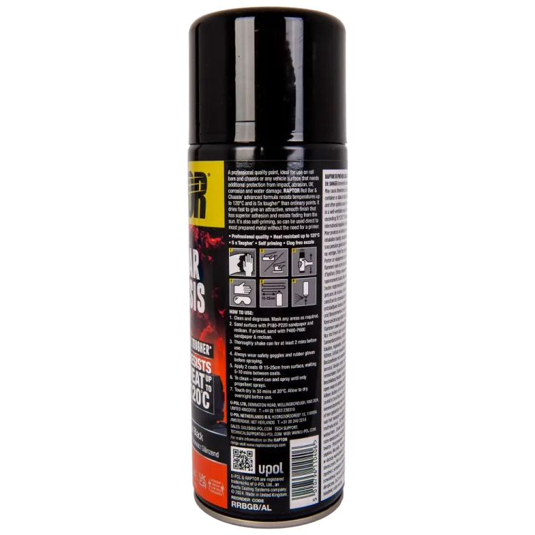 Lakier do orurowania i podwozi czarny połysk spray 366 ml odporny na temperaturę do 120°C RAPTOR Roll Bar & Chassis U-POL RRBGB/AL