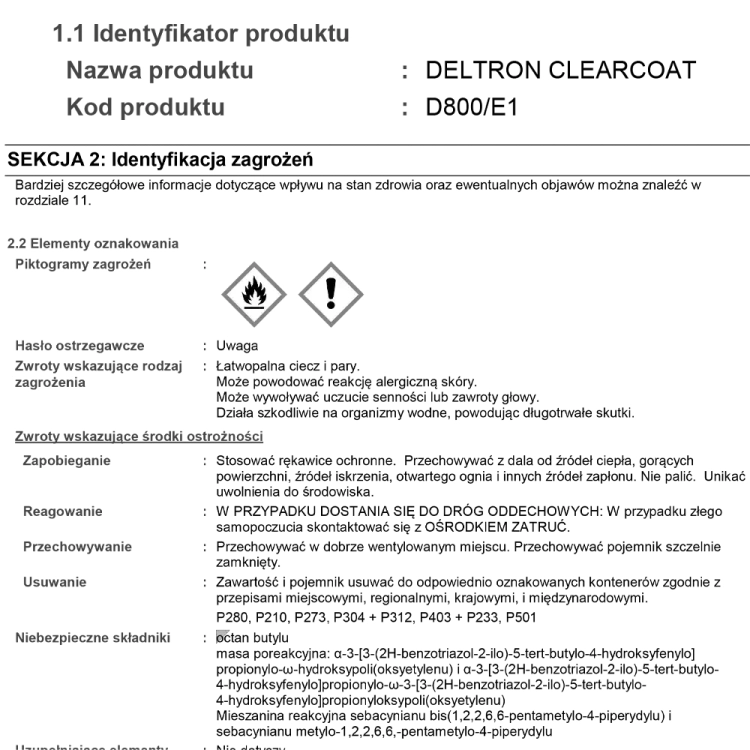 D800 Lakier bezbarwny + D802 utwardzacz kpl 1.5l PPG Deltron