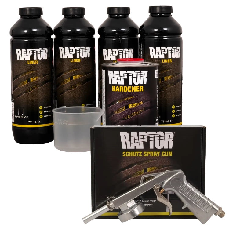 Raptor Zestaw 4 butelki Czarny natryskowy środek ochronny U RLB/S4 + pistolet U-POL