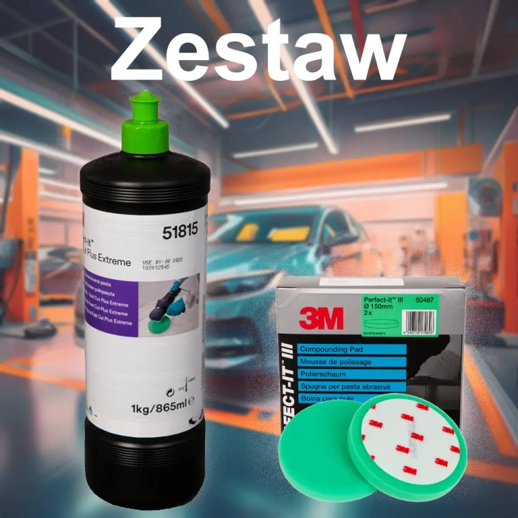 Zestaw pasta polerska Fast Cut Extreme zielony korek + Gąbka polerska zielona 3M-51815 + 3M 50487