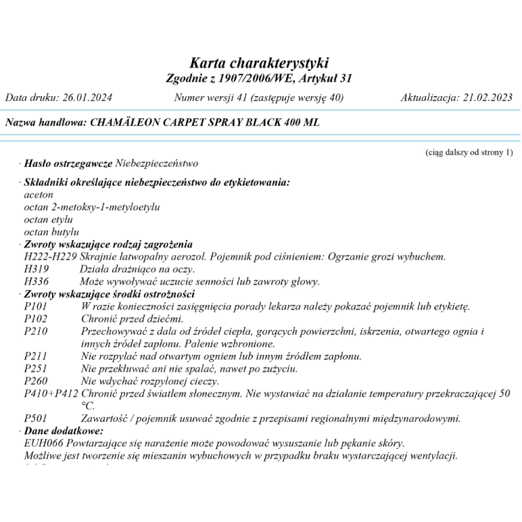 Farba do tkanin i dywaników spray 400ml Chamaleon 680 - CZARNA - Niebezpieczeństwo